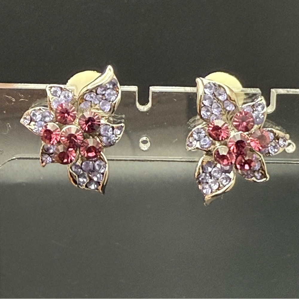 Vintage Amethyst Purple Floral Silver Tone Clip On Earrings